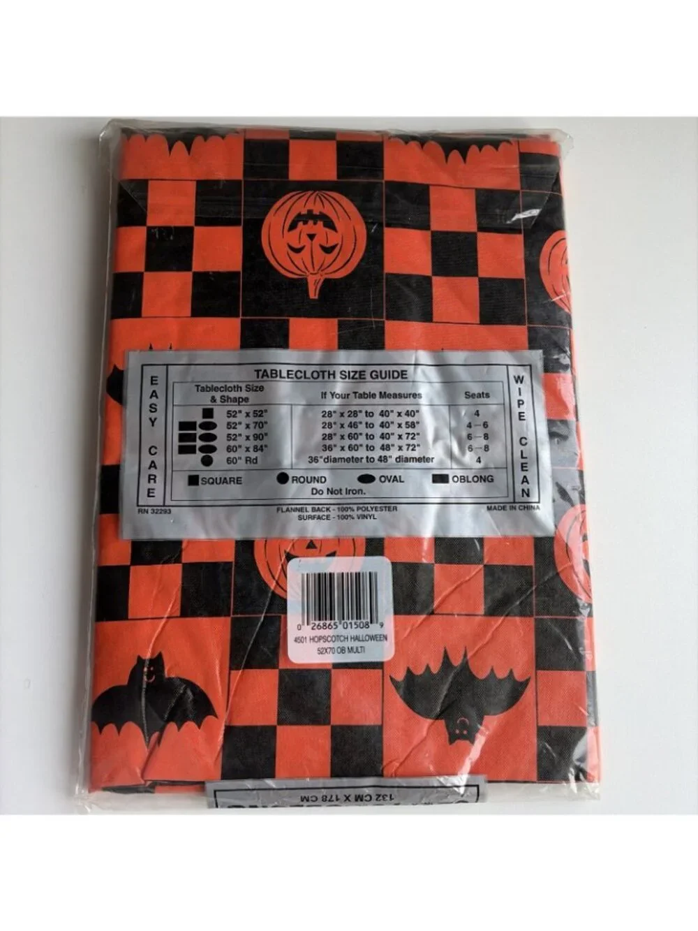 Vintage Halloween Flannel Backed Vinyl Tablecloth Pumpkins Bats Rectangle 52x70”